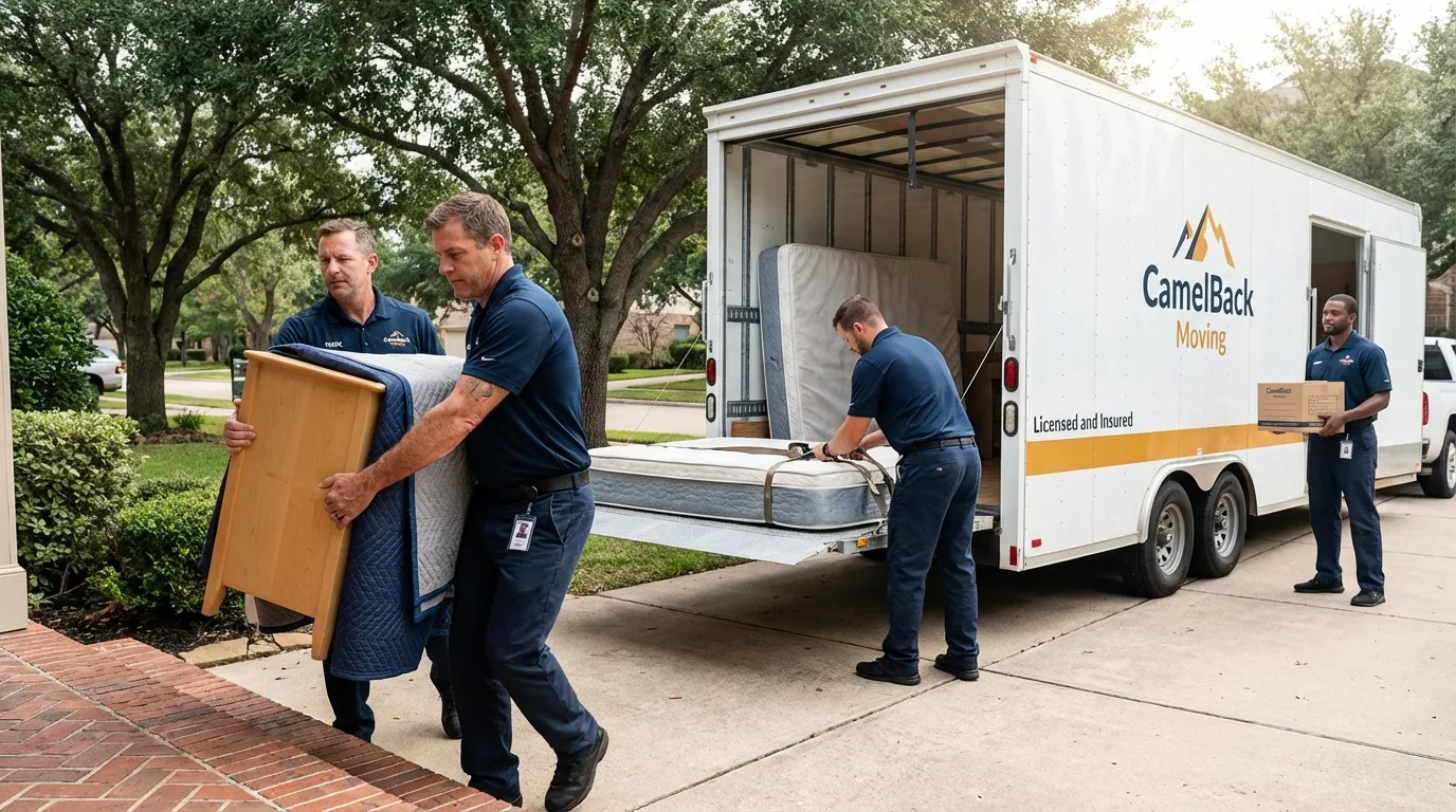 Crew loading residential truck for cross-state move from Cloverdale, IN