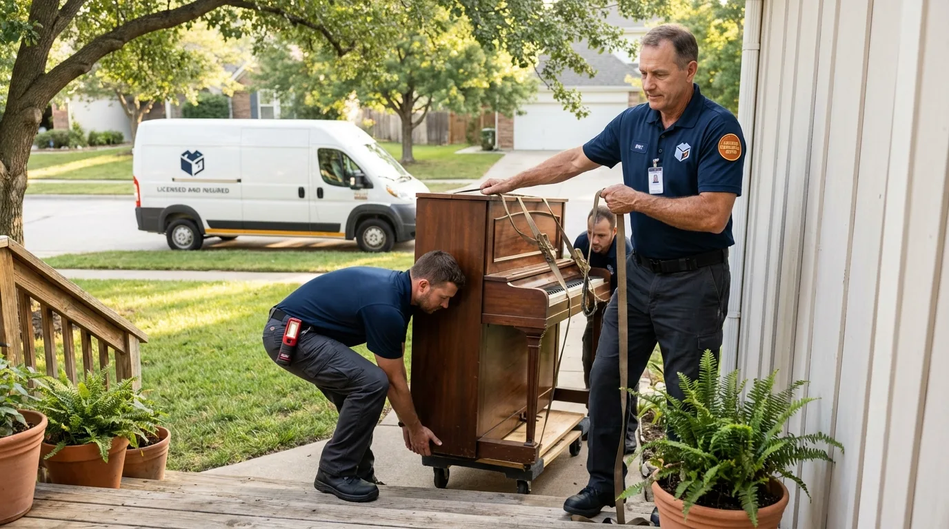Licensed piano movers securing grand piano in Cloverdale, IN