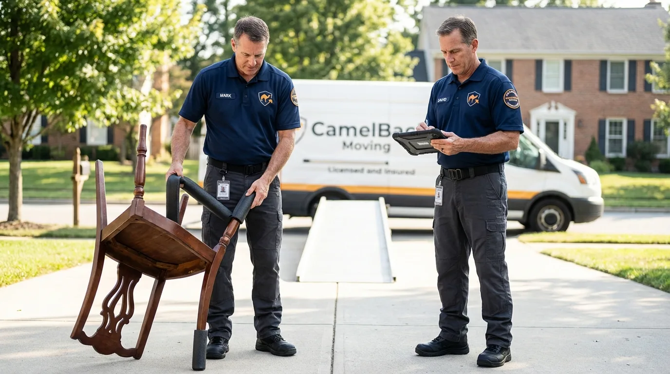 Movers inspecting furniture for damage prevention before loading in Cloverdale, IN