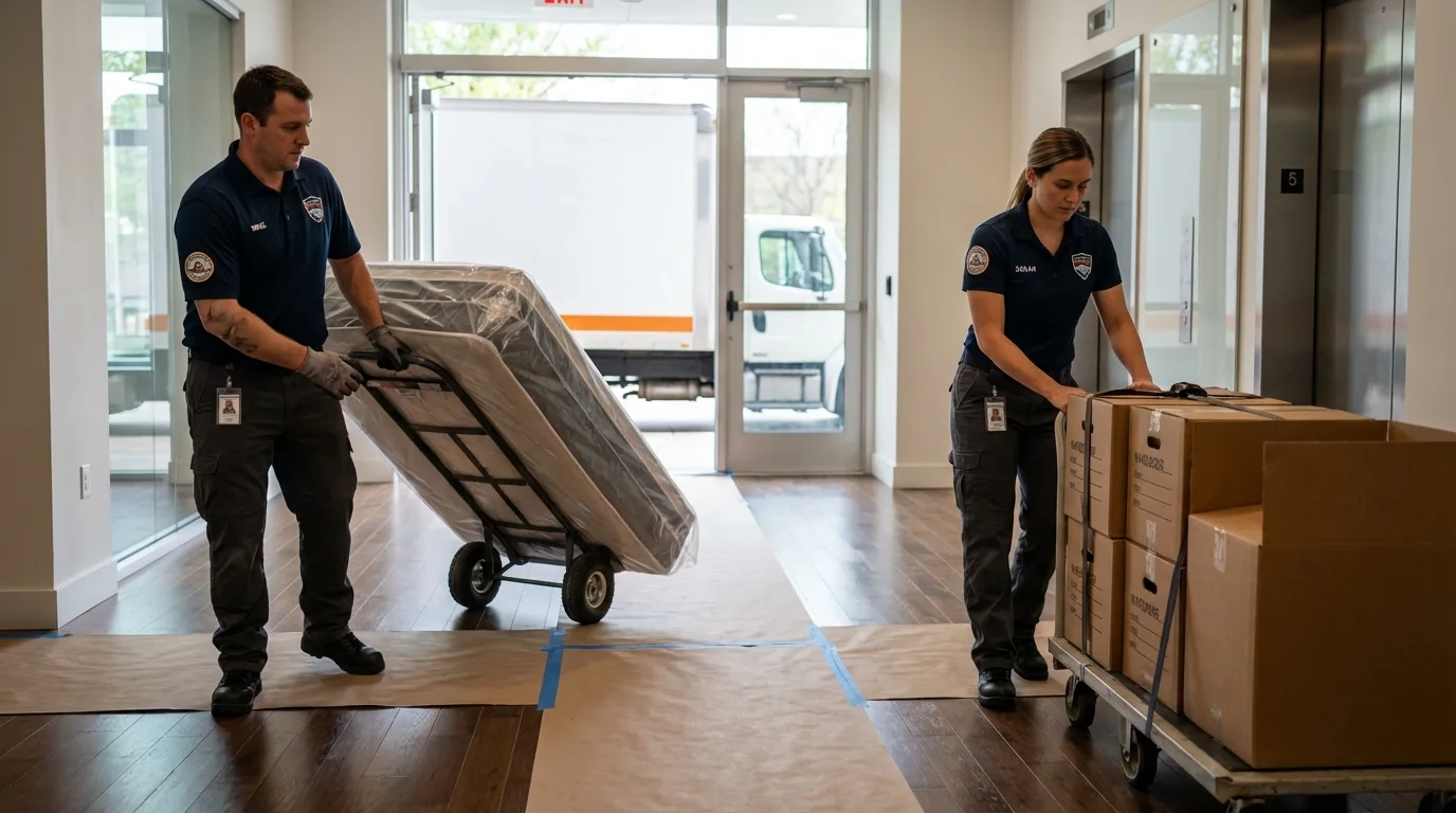 Professional apartment movers loading elevator in Cloverdale, IN