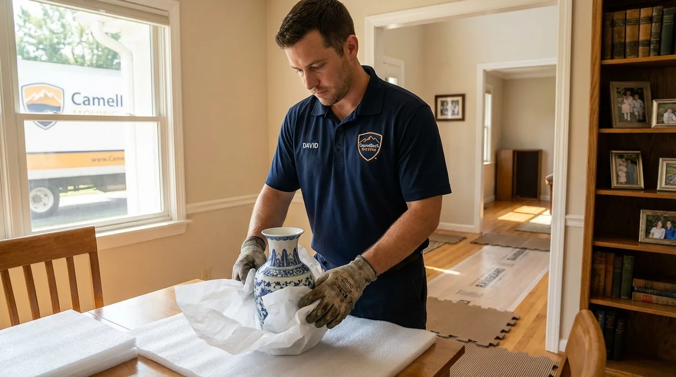 Professional crew carefully wrapping antique vase for senior downsizing move in Cloverdale, IN