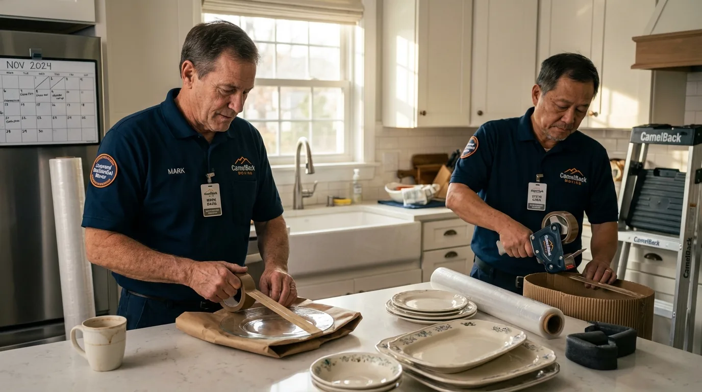 Professional crew packing kitchen dishware in Cloverdale, IN
